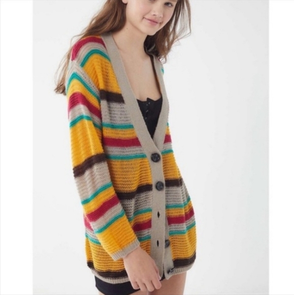 Urban Outfitters Buttin Front Cardigan Open Weave Multi Color Stripe Extra Small - Picture 10 of 10